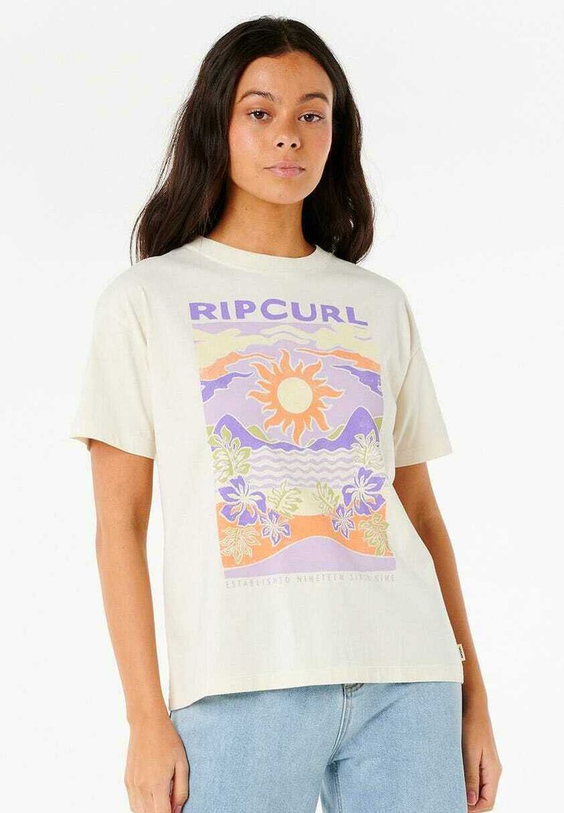 T-shirt en coton couleur crème avec un motif sur le devant représentant un soleil, des vagues et des fleurs en violet, orange et vert. Coupe décontractée, manches courtes.