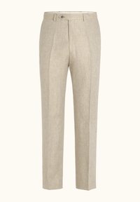 Beige Leinenhose mit Knopf- und Reißverschluss, Gürtelschlaufen, vorderen Falten und geradem Bein.