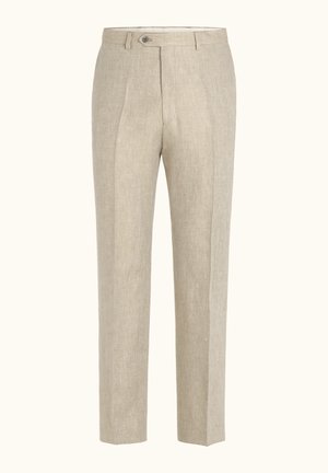Pantaloni di lino beige con chiusura a bottone e cerniera, passanti per cintura, pieghe frontali e taglio a gamba dritta.