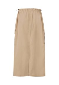 Beige midi-nederdel lavet af letvægtsstof, med elastisk talje, sidelommer og en lige silhuet. Ingen mønstre eller dekorationer.
