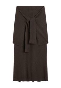 Dark brown knitted midi dress with long sleeves and a matching belt tied at the waist, featuring ribbed cuffs and hem.