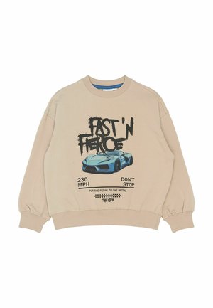 Beżowa bluza z motywem niebieskiego samochodu sportowego. Tekst brzmi "SZYBKO I DZIKIE", z detalami dotyczącymi prędkości i wyrazistymi akcentami. Żebrowane mankiety i dół.