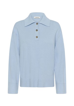 Maglione azzurro chiaro con maniche lunghe, colletto e dettagli con tre bottoni sul davanti. Tessuto morbido e vestibilità comoda.
