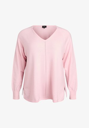 Gaiši rozā pulovers ar V veida izgriezumu, garām piedurknēm, sānu šķēlumiem un taisnu apakšu. Izgatavots no mīksta, teksturēta auduma ar smalkām šuvēm.