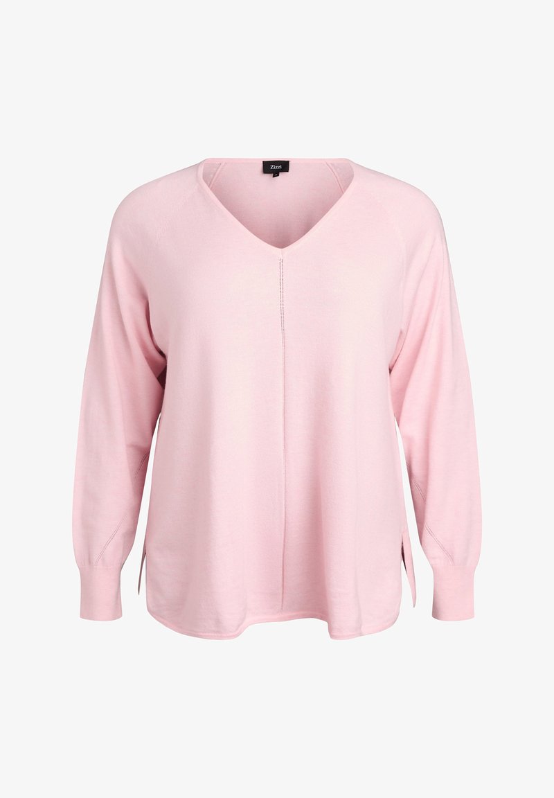 Gaiši rozā pulovers ar V veida izgriezumu, garām piedurknēm, sānu šķēlumiem un taisnu apakšu. Izgatavots no mīksta, teksturēta auduma ar smalkām šuvēm.