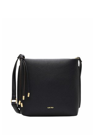 Borsa a tracolla in pelle nera strutturata con tracolla regolabile e dettagli metallici dorati, piccolo logo "SURI FREY" al centro davanti.
