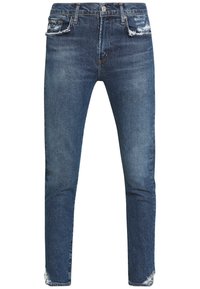 Vaqueros de mezclilla azul oscuro con ajuste slim, detalles desgastados en los bolsillos y el dobladillo, cinco bolsillos y trabillas para cinturón.