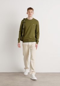 Olivgrüner Strickpullover mit rundem Halsausschnitt, kombiniert mit beigen Hosen und weißen Sneakers. Eine Umhängetasche hängt über der Schulter.