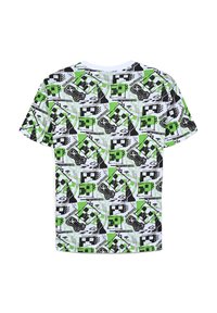 T-shirt a maniche corte in cotone con un motivo geometrico nero, bianco e verde che presenta elementi di corsa e bandiere a scacchi.