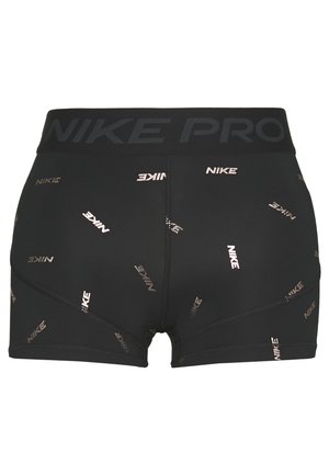 Czarne, kompresyjne spodenki Nike Pro z małymi, odblaskowymi logo "NIKE" na całej powierzchni oraz szerokim pasem z napisem "NIKE PRO" w ciemnym nadruku.
