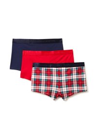 Tři páry pánských boxerek: tmavě modré, červené a kostkované s červenou, bílou a zelenou. Hebká látka s elastickými pásky v pase.