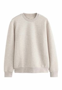 Lyse beige sweatshirt med struktureret zigzagmønster, lange ærmer og rund hals. Blødt stof med ribbede manchetter og kant.