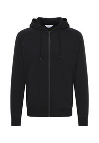 Sort zip-up hoodie med en glat tekstur, justerbar hætte, skrå sømme og sidelommer. Har ribbede manchetter og kant.