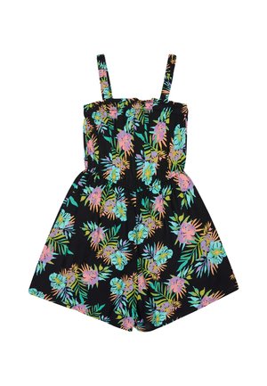 Black sleeveless summer romper with elastic waist, featuring colorful tropical floral and leaf patterns in pink, blue, green, and orange.