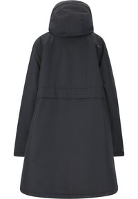 Cappotto impermeabile nero con cappuccio, maniche lunghe, lunghezza fino a metà coscia e texture liscia. Presenta una vita sfiancata e hardware minimale.