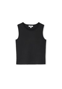 Top corto sin mangas negro hecho de una tela texturizada con patrones en forma de olas, con un cuello redondo y sin cierres o acentos visibles.