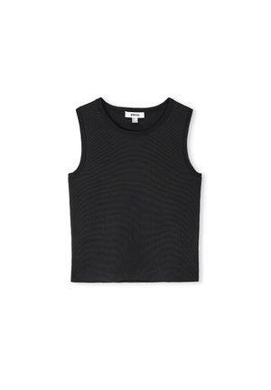 Černý bezrukávový crop top vyrobený z texturované tkaniny se vzory vln, s kulatým výstřihem a bez viditelných zapínání nebo akcentů.