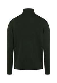 Donkergroene coltrui met lange mouwen en geribbelde kraag, manchetten en zoom, achteraanzicht, op een witte achtergrond.