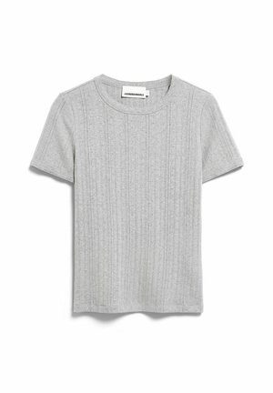 Light grey short-sleeve knit sweater with subtle vertical ribbed pattern and round neckline, label reading "ARMEDANGELS" inside collar.