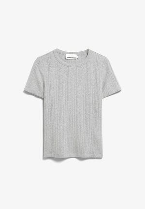Light grey short-sleeve knit sweater with subtle vertical ribbed pattern and round neckline, label reading "ARMEDANGELS" inside collar.