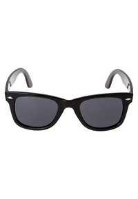 Ochelari de soare din plastic negru cu lentile gri, formă rectangulară și finisaj neted. Prezintă accente argintii la balamale.