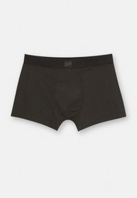 Tummanharmaat boxerit, jotka on valmistettu pehmeästä materiaalista, varustettuna logolla varustetulla joustavalla vyötärönauhalla ja etupussilla, jossa on ompeluyksityiskohtia.