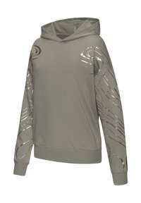 Kapuzensweatshirt in gedecktem Grün mit metallisch silbernen Wirbelmustern an den Ärmeln. Hergestellt aus weichem, strukturiertem Stoff und mit einer lässigen Passform.