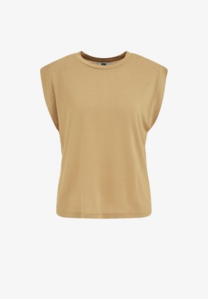 Bež bezrukavni džemper s širokim ramenima i okruglim izrezom, prikazan na bijeloj pozadini.