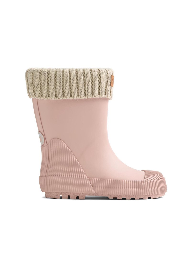 Pinkfarbener wasserdichter Gummistiefel mit strukturiertem, geripptem kremfarbenem Strickbündchen. Verfügt über eine profilierte Sohle und ein abgerundetes Zehendesign.