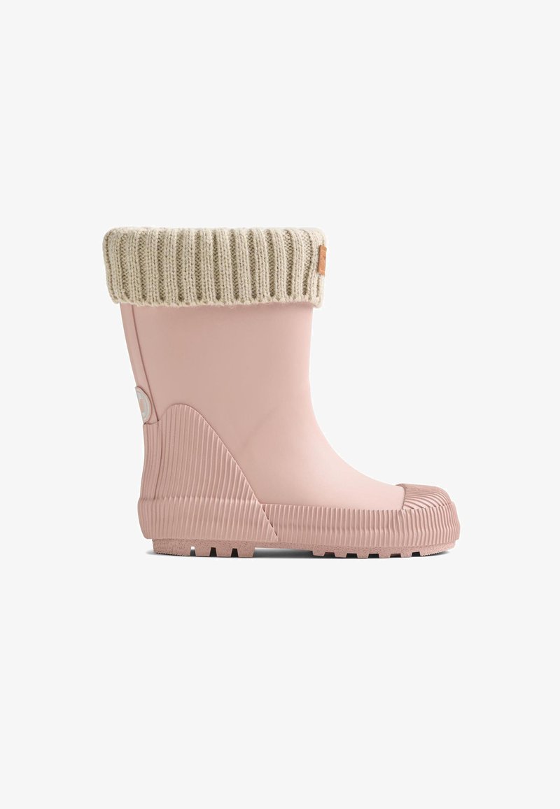 Pinkfarbener wasserdichter Gummistiefel mit strukturiertem, geripptem kremfarbenem Strickbündchen. Verfügt über eine profilierte Sohle und ein abgerundetes Zehendesign.