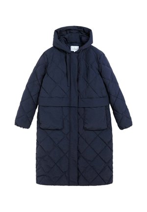 Abrigo de plumas acolchado azul marino con capucha, que cuenta con dos grandes bolsillos frontales, puños elásticos y un detalle de cintura ceñida. Tejido duradero.