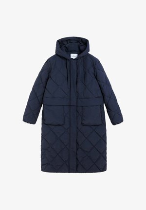 Abrigo de plumas acolchado azul marino con capucha, que cuenta con dos grandes bolsillos frontales, puños elásticos y un detalle de cintura ceñida. Tejido duradero.