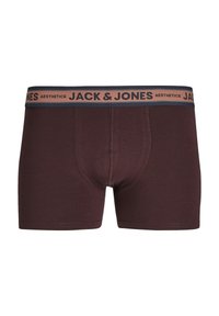 Bordeaux katoenen boxershorts met een marineblauwe en beige elastische tailleband waarop de tekst "JACK & JONES" staat. Zachte textuur, aansluitend ontwerp, midden boven de dijen.