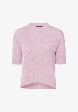 Hellrosa gestrickter Kurzarm-Pullover mit Rundhalsausschnitt und leicht längerem Rückensaum.