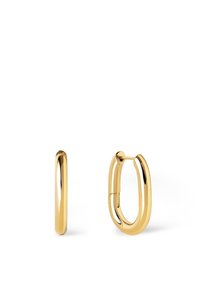 Orecchini a cerchio in tono oro con una finitura liscia e lucida. Forma ovale, dotati di cerniera per la chiusura. Design semplice ed elegante.