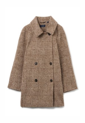 Doppelreihiger brauner Karomantel aus strukturiertem Wollmischgewebe mit weitem Kragen und schwarzen Knöpfen, locker geschnitten und mit Ärmeln in mittlerer Länge.
