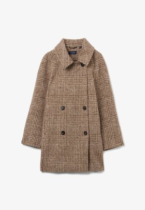 Doppelreihiger brauner Karomantel aus strukturiertem Wollmischgewebe mit weitem Kragen und schwarzen Knöpfen, locker geschnitten und mit Ärmeln in mittlerer Länge.
