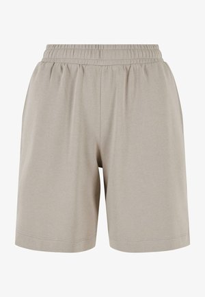 Shorts gris, arrivant aux genoux, avec une taille élastique. Fabriqués en tissu doux et léger. Présentent un design simple et sans ornements.