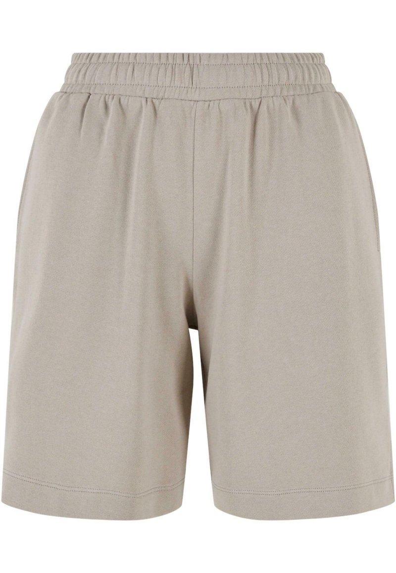 Grijze, knielange shorts met een elastische tailleband. Gemaakt van zachte, lichtgewicht stof. Heeft een eenvoudig, onopvallend ontwerp.