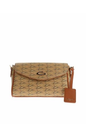 Borsa a tracolla marrone con motivo, chiusura a patta, rifiniture in pelle, logo dorato "G" e targhetta in pelle attaccata con la scritta "GUARDIANI".