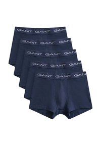 Fünf marineblaue Boxershorts mit elastischen Bund, jeweils mit dem Markennamen "GANT" in weißen Buchstaben.