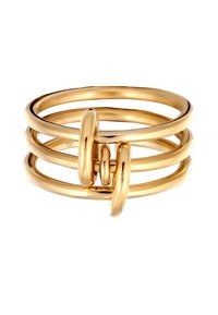 Goldring-Set mit drei glatten, miteinander verbundenen Bändern und einem polierten ovalen Element, das eine glänzende, reflektierende Oberfläche zeigt.