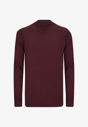 Pull-over bordeaux avec un col et des poignets côtelés. Texture douce, manches longues et design ajusté. Pas de motifs ni d'accents visibles.