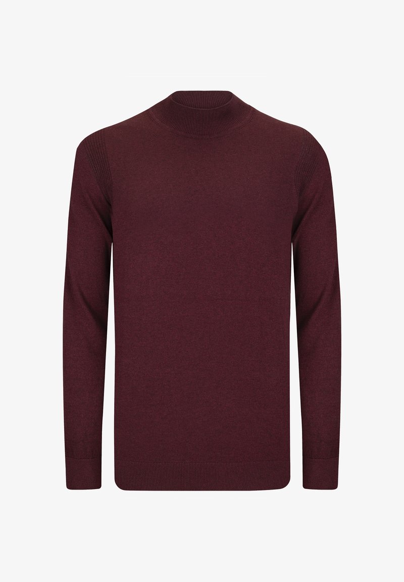 Burgundy pullover sweater with a ribbed collar and cuffs. Soft texture, long sleeves, and a fitted design. No visible patterns or accents.