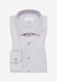 Helllila Hemd mit Fischgrätmuster, moderne Passform. Verfügt über einen klassischen Kragen, eine geknöpfte Front und eine einfache Manschette mit Knopfverschluss.