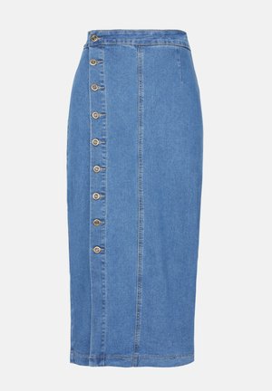 Jupe midi en denim bleu clair avec une fermeture à boutons sur le devant, sept boutons métalliques et une silhouette droite avec un ourlet en dessous du genou.