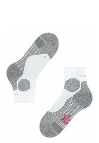 Chaussettes de sport grises et blanches avec un design texturé, talon et orteil renforcés, et lettres rouges sur la semelle.