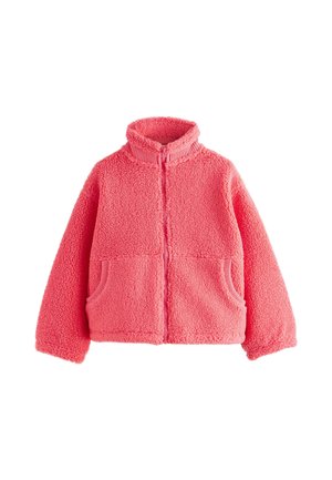 Pinkes Fleecejacke mit durchgehendem Frontreißverschluss, geripptem Stehkragen und zwei Fronttaschen, auf weißem Hintergrund dargestellt.