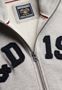 Sudadera gris con cremallera y cuello alto, con letras bordadas en azul marino "D" y "19". Parche de marca en el interior del cuello; detalle de cremallera plateada.