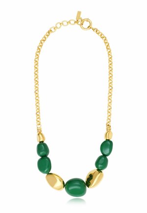 Collier chaîne en or avec des perles ovales lisses vertes et dorées brillantes alternées, avec un fermoir circulaire et des maillons réglables.